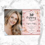 Invitation Elégant Rose Gold Pink Photo 50e anniversaire<br><div class="desc">Elégante invitation au 50e anniversaire fleurie féminine avec votre photo. Design rose vif avec parties scintillant en or rose. Comprend des rayures, des roses rouges, des caractères de script et des confettis. Parfait pour une fête anniversaire adulte élégante. Personnalisez avec vos propres détails. Peut être customisé pour n'importe quel âge...</div>