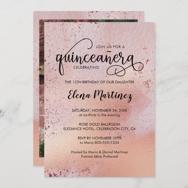Invitation Elégant Rose Gold Quinceanera Photo (Devant / Derrière)