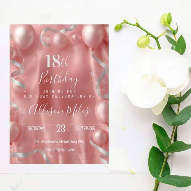 Invitation Elegant Rose Gold & Silver Balloon 18th Birthday (Créateur téléchargé)