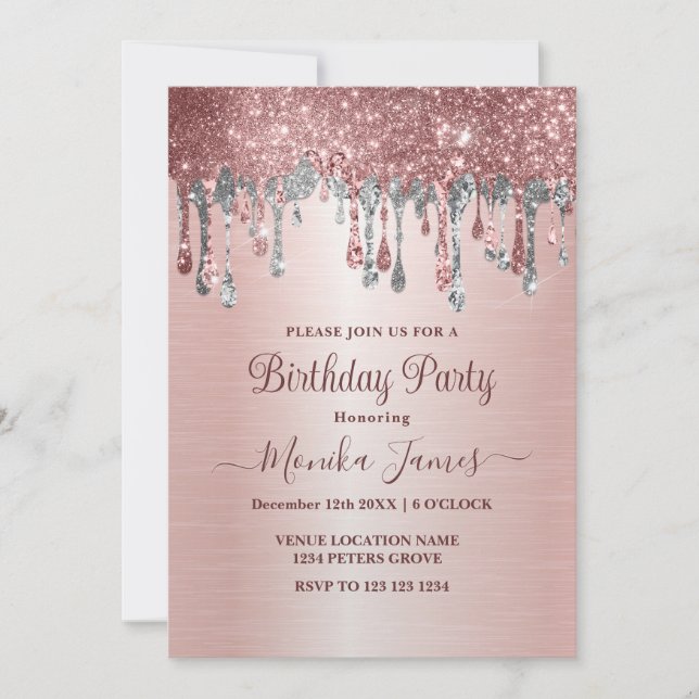 Invitation Elégant Rose Gold Silver Parties scintillant Drive (Devant)