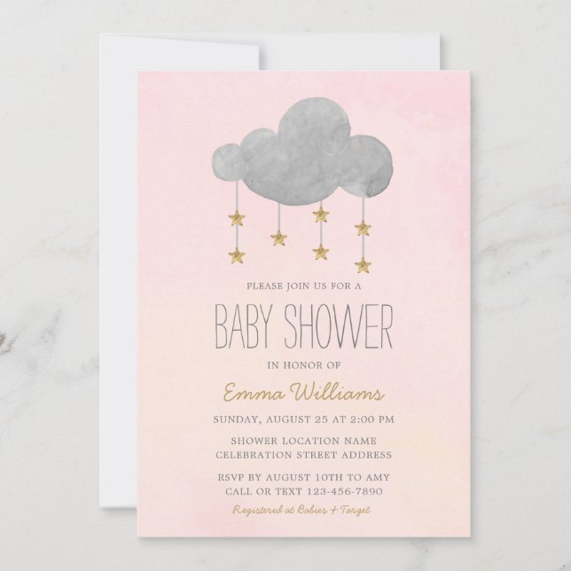 Invitation Elégant rose Gold Stars Baby shower fille (Devant)