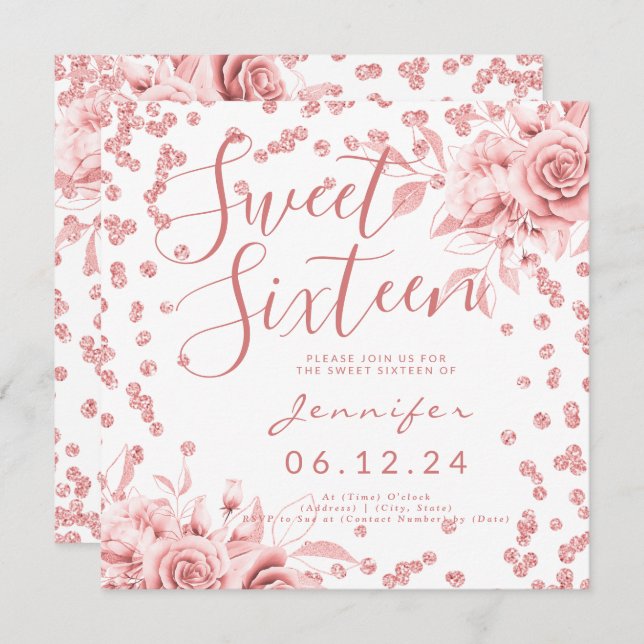 Invitation Élégant Rose Gold Sweet 16 Parties scintillant Con (Devant / Derrière)
