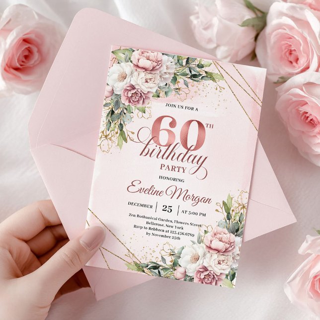 Invitation Elegant Rose Gold Watercolor Flowers 60th Birthday (Elegant Rose Gold Watercolor Flowers 60th Birthday)