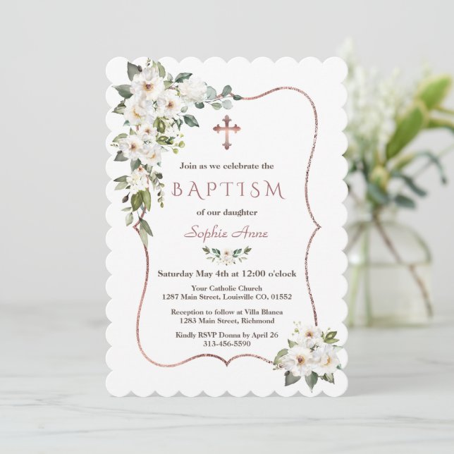 Invitation Élégant Rose Gold White Cream Flowers Baptême (Debout devant)