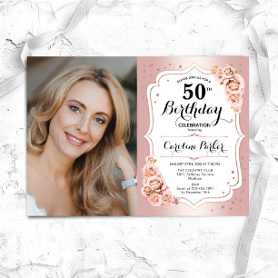 Invitation Elégant Rose Gold White Photo 50e anniversaire