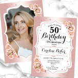 Invitation Elégant Rose Gold White Photo 50e anniversaire<br><div class="desc">Elégante invitation à 50e anniversaire fleurie avec votre photo au verso de la carte. Design de glam avec faux or rose parties scintillant. Comprend des roses rose pâle, des caractères de script et des confettis. Parfait pour une fête anniversaire adulte élégante. Personnalisez avec vos propres détails. Peut être customisé pour...</div>