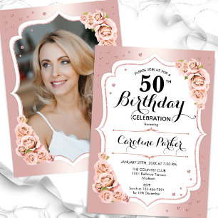 Invitation Elégant Rose Gold White Photo 50e anniversaire