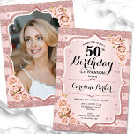 Invitation Elégant Rose Gold White Photo 50e anniversaire<br><div class="desc">Elégante invitation au 50e anniversaire, fleurie et féminine avec votre photo au verso de la carte. Design blanc brillant, rose roux avec faux or rose parties scintillant. Comprend des bandes, des roses, des caractères de script et des confettis. Parfait pour une fête anniversaire adulte élégante. Personnalisez avec vos propres détails....</div>