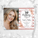 Invitation Elégant Rose Gold White Photo 50e anniversaire<br><div class="desc">Elégante invitation au 50e anniversaire fleurie féminine avec votre photo. Glam, blanc et rose vif design avec faux or rose parties scintillant. Comprend des rayures, des roses rouges, des caractères de script et des confettis. Parfait pour une fête anniversaire adulte élégante. Personnalisez avec vos propres détails. Peut être customisé pour...</div>