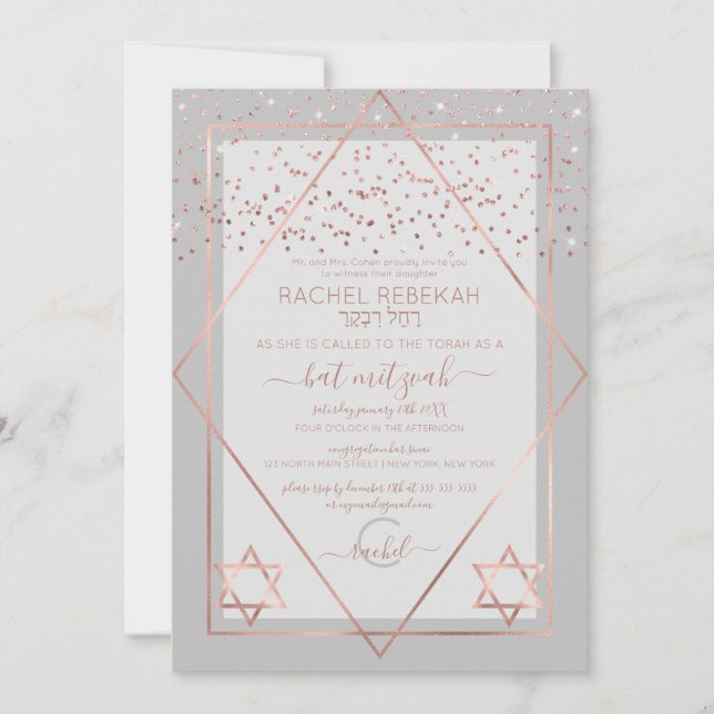 Invitation Elégant Rose gris Gold Confetti Bat mitzvah fronti (Devant)