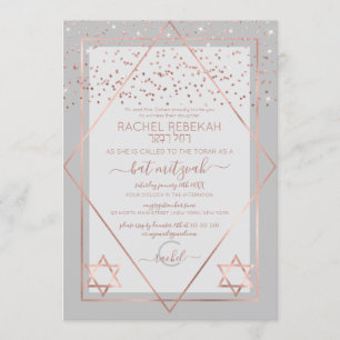 Invitation Elégant Rose gris Gold Confetti Bat mitzvah fronti