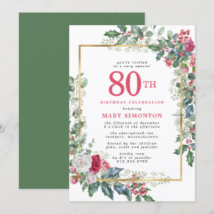 Invitation Élégant Rose Holly Berries 80e anniversaire fête