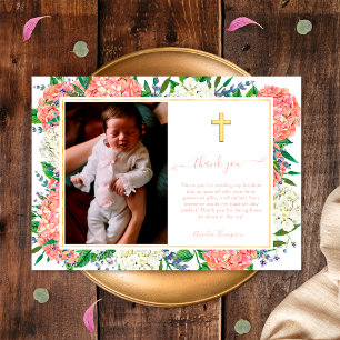 Invitation Élégant rose Hydrangeas Gold Cross Photo Baptême