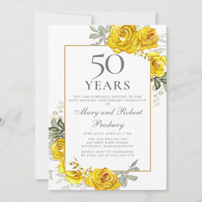 Invitation Élégant Rose Jaune Floral 50e Anniversaire (Devant)