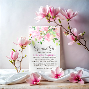 Invitation Elégant rose Magnolia Aquarelle Sip et voir