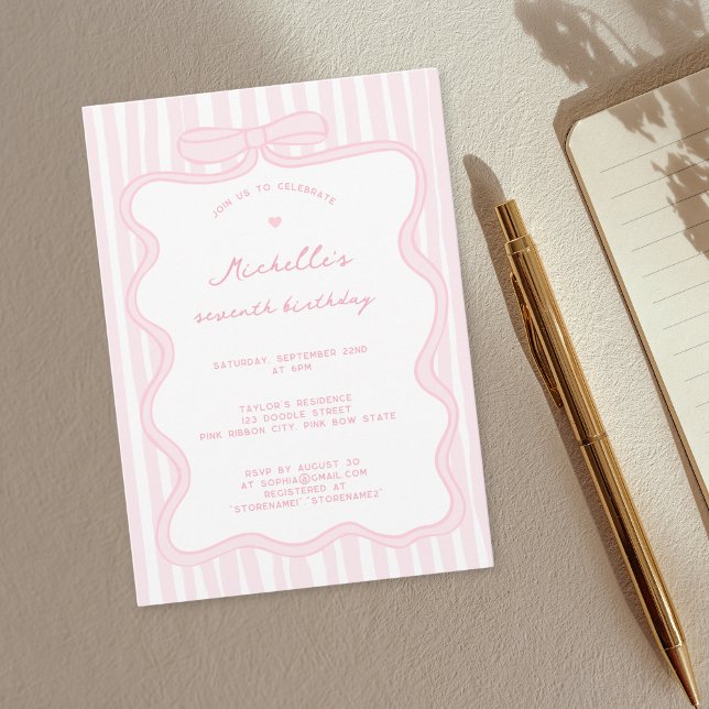 Invitation Elégant rose main dessinée Bow n'importe quel âge  (Créateur téléchargé)