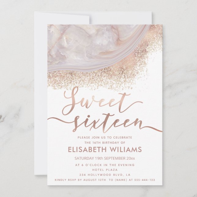 Invitation Élégant rose marbre or agate chic calligraphie (Devant)