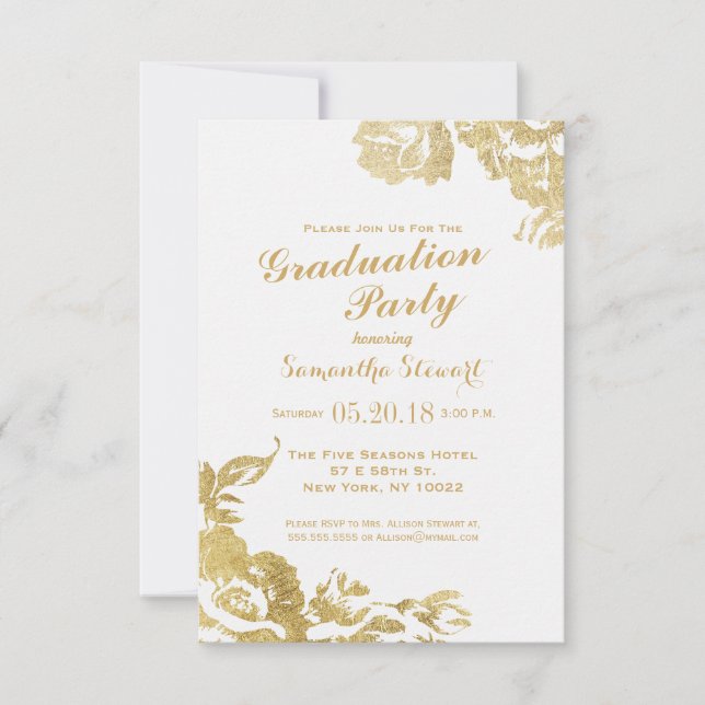 Invitation Élégant Rose moderne Floral Gold Graduation (Devant)