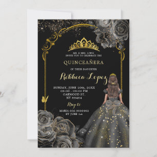 Invitation Elégant Rose noir et princesse d'or Quinceañera