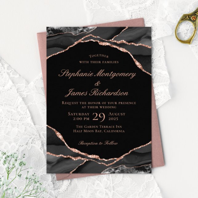 Invitation Élégant Rose noir Gold Foil Mariage Agate (Créateur téléchargé)