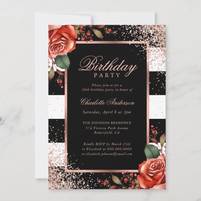 Invitation Elégant Rose noir or Confetti Floral Anniversaire (Devant)