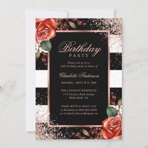Invitation Elégant Rose noir or Confetti Floral Anniversaire