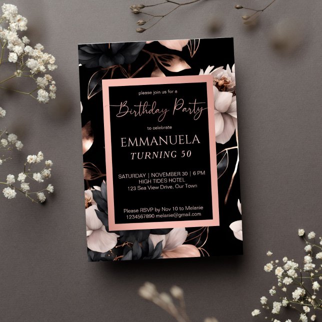 Invitation Élégant rose noir or fleuri modèle d'anniversaire (Elegant black rose gold floral birthday party editable template invitation digital download 50 party)