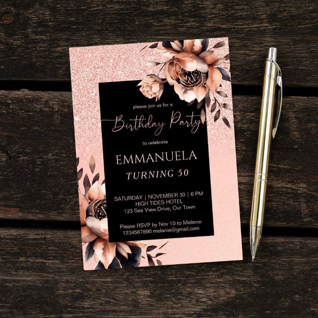 Invitation Élégant rose noir or fleuri modèle d'anniversaire (Elegant black rose gold floral birthday party editable template invitation digital download)