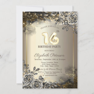 Invitation Elégant Rose noir, String Lights 16e anniversaire