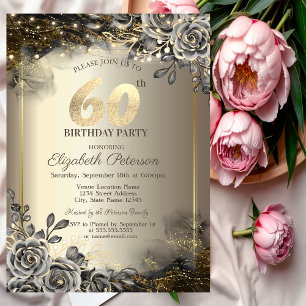 Invitation Elégant Rose noir, String Lights 60e anniversaire