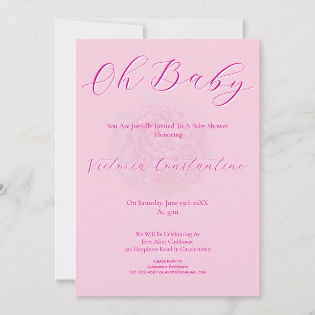 Invitation Élégant Rose Oh Baby Script Peony Baby Shower (Devant)