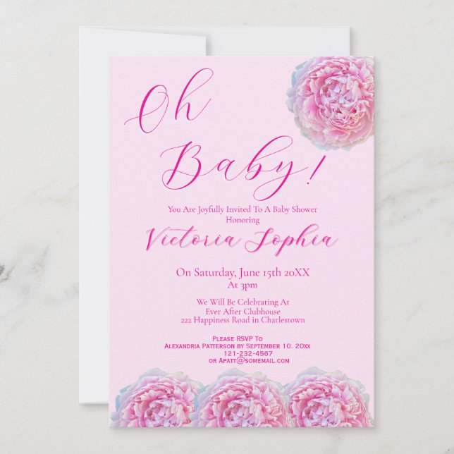 Invitation Élégant Rose Oh Bébé Fille Script Peony Baby Showe (Devant)