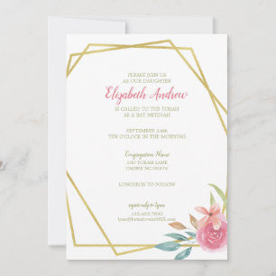 Invitation Elégant rose & or Aquarelle Bat mitzvah floral