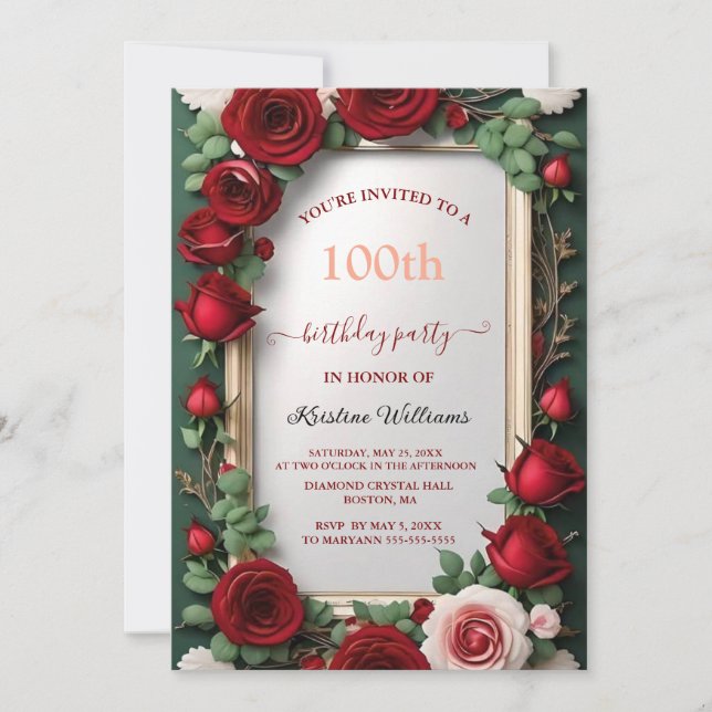 Invitation Elégant Rose or aquarelle Floral 100e anniversaire (Devant)