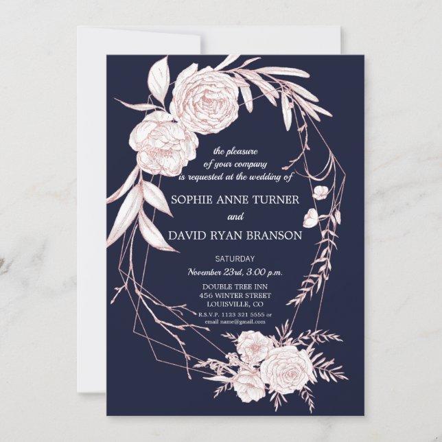 Invitation Elégant Rose or blanc Fleurs Mariage géométrique (Devant)