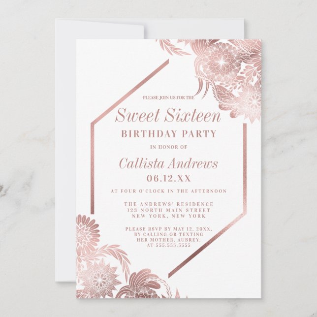 Invitation Elégant Rose Or Blanc Floral Frame Sweet 16 (Devant)
