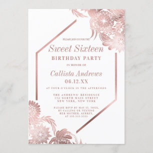 Invitation Elégant Rose Or Blanc Floral Frame Sweet 16