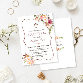 Invitation Élégant Rose Or Blush rose floral Baptême