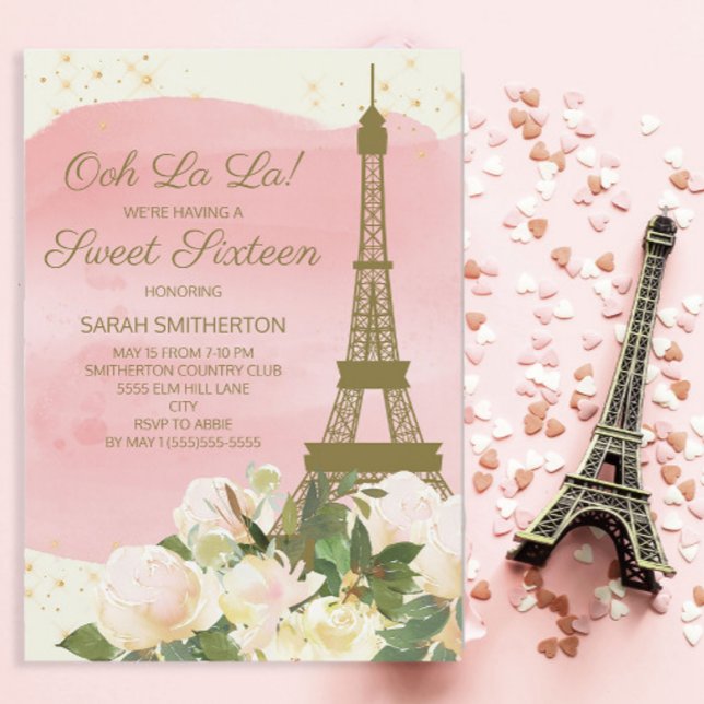 Invitation Elégant rose or Eiffel Tour Paris Sweet 16 (Ooh La La! Paris/Eiffel Tower Sweet 16 invitation)