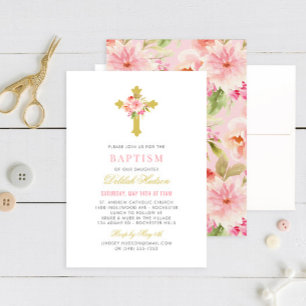 Invitation Elégant rose or Floral Croix Baby Girl Baptism