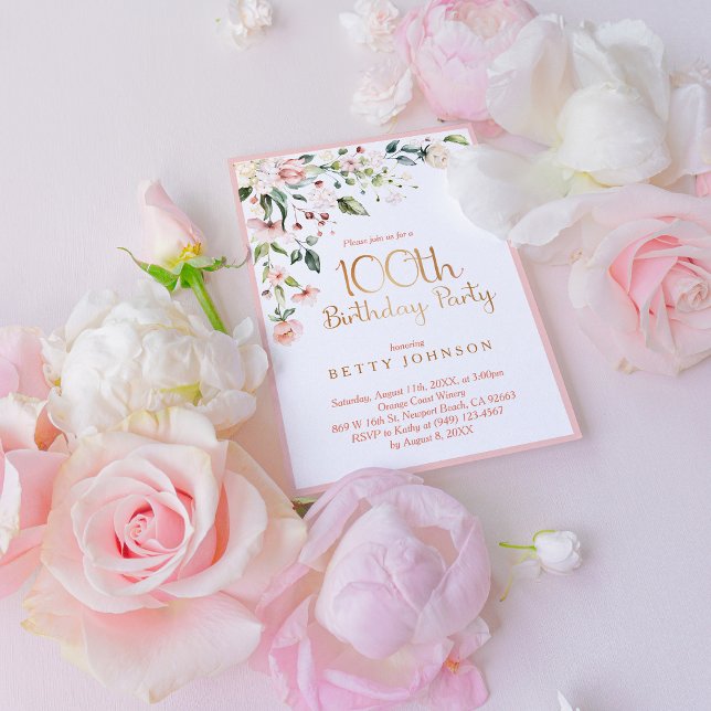 Invitation Elégant rose & or Floral Femme 100e anniversaire (Honor a special woman's 100th birthday!)