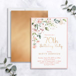 Invitation Elégant rose & or Floral Femme 70e anniversaire<br><div class="desc">Invitation à la fête du 70e anniversaire d'une femme moderne et élégante avec un beau motif rose aquarelle floral dans le coin supérieur, avec "fête du 70e anniversaire" et le dos de la carte en feuille d'or imitation matte, et le nom en texte de couleur or assorti. Bordé en rose....</div>