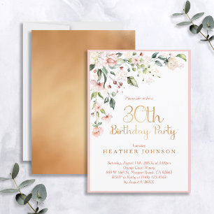 Invitation Elegant rose & or Floral femme's 30e anniversaire