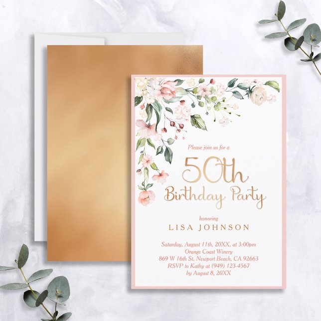 Invitation Elégant rose & or Floral femme's 50e anniversaire (Easily personalize this birthday invitation with your personal details  for a very special event!)