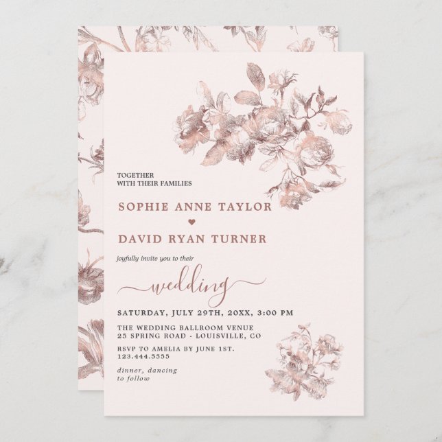 Invitation Élégant Rose or Français Floral Toile Mariage (Devant / Derrière)