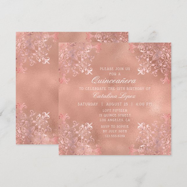 Invitation Elégant Rose or Ornate Floral Quinceañera (Devant / Derrière)