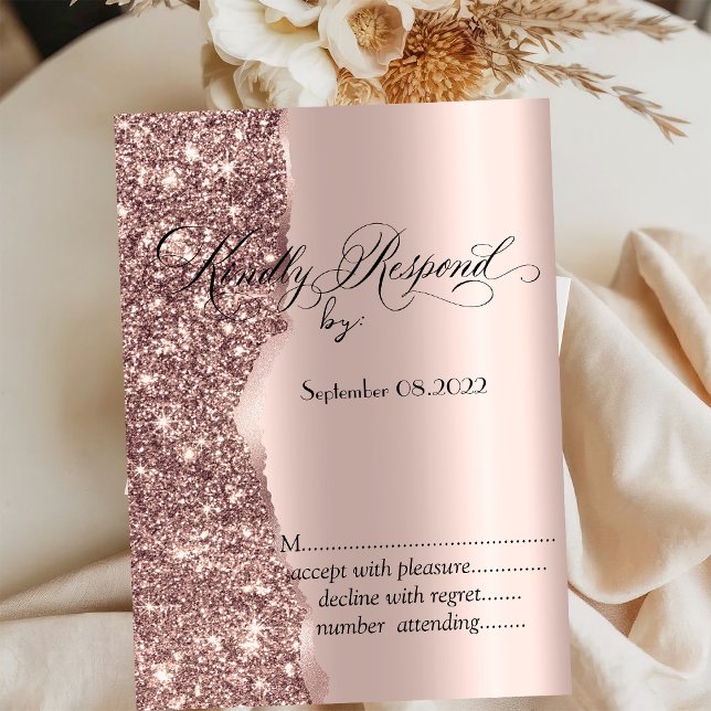 Invitation Élégant rose or pailleté écriture RSVP   (Créateur téléchargé)