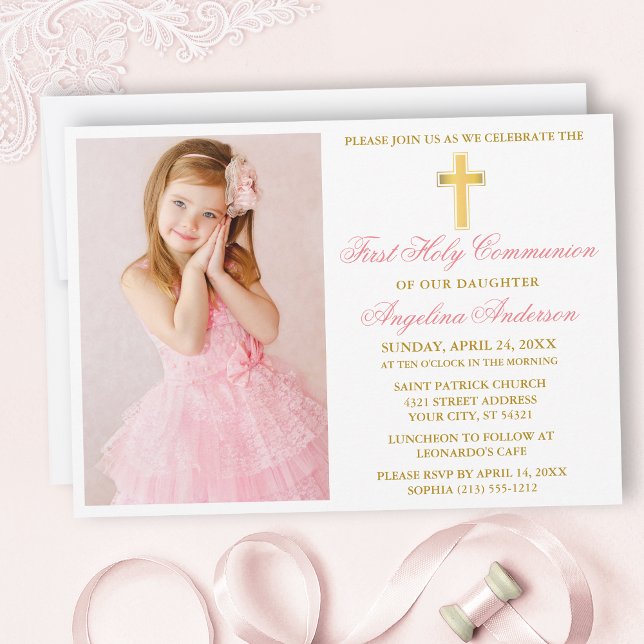 Invitation Élégant rose or première communion photo (Customize to change text color, size, style or to add more text to back of card.)