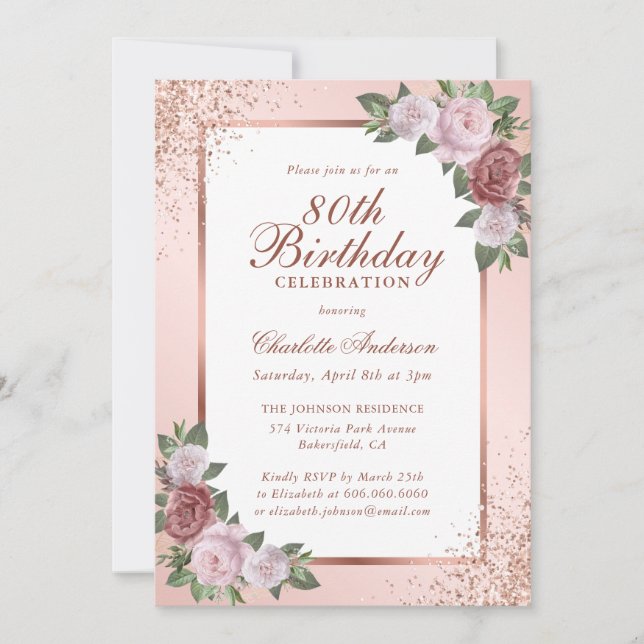 Invitation Elégant Rose or rose floral 80e anniversaire (Devant)