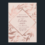 Invitation Élégant Rose Or rose Floral Feuilles doux 16<br><div class="desc">Cette invitation formelle Sweet 16 est composée d'élégants, jolis et chics feuilles floral rose en feuille d'or imprimé à la main sur un arrière - plan rose pâle simple. C'est le design parfait pour la belle et moderne fille d'anniversaire. Complimentez votre événement avec classe et style avec ces invitations botaniques....</div>